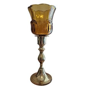 Vintage Amber Glass Votive Tulip Candle Holder Brass Retro Glam Classic MCM 70s